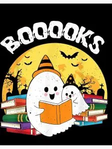 Spooky Halloween ghosts reading books
